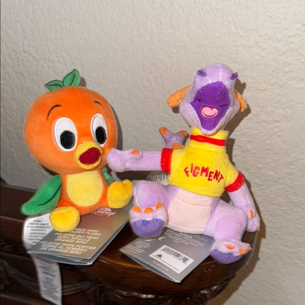 DISNEY ORANGE BIRD AND FIGMENT SHOULDER PLUSHES